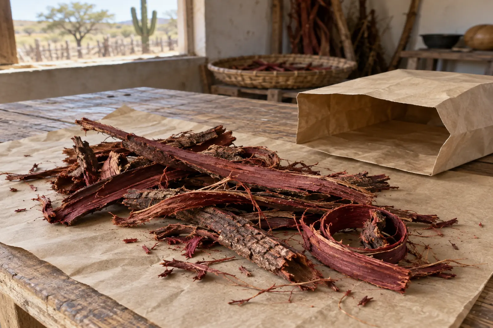 Strips of dark red dried root bark on brown kraft paper on a wooden table, an open paper bag beside them